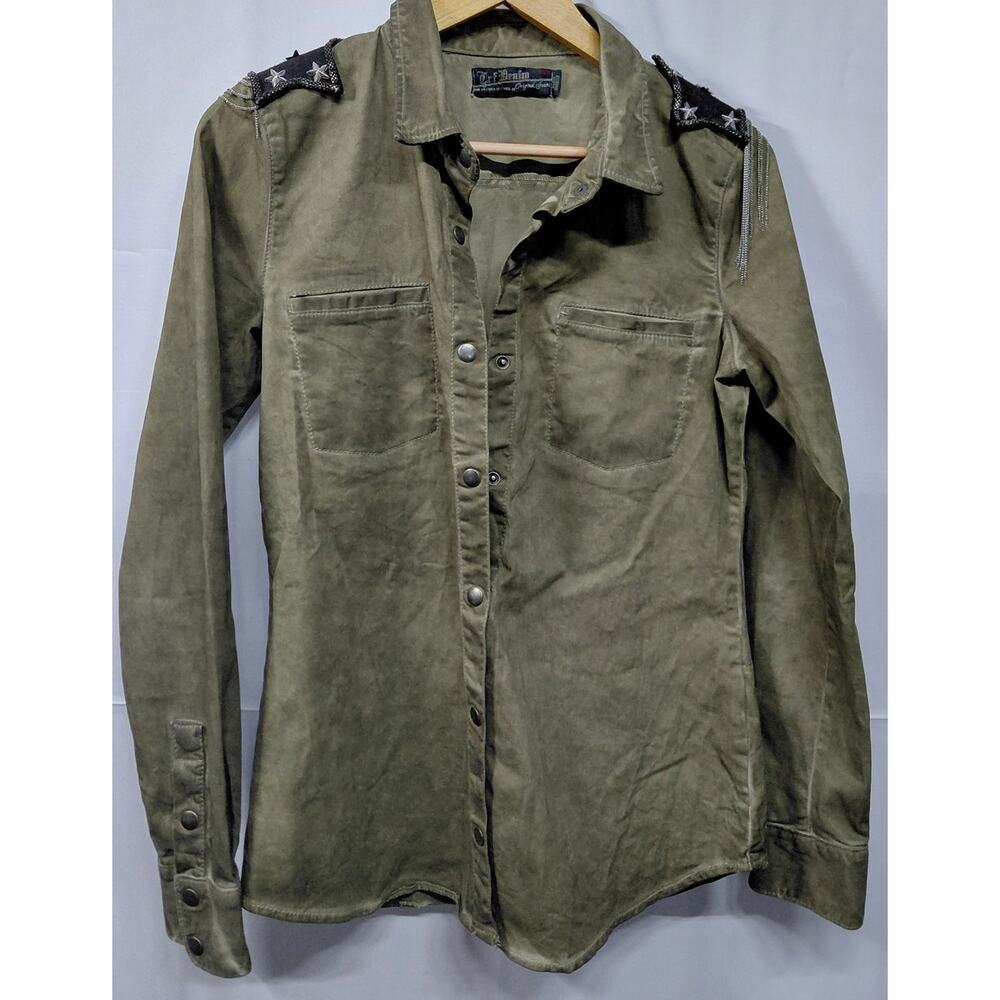 Tex Denim Olive Button-Up Shirt with Star Accents Solid Women Size M